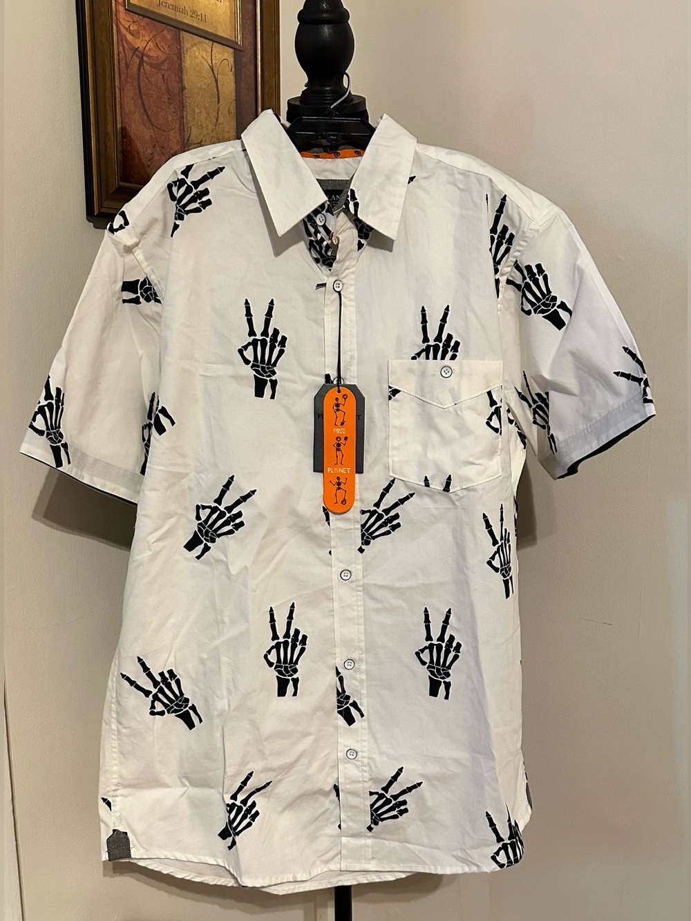 NEW Free Planet Mens Halloween White Short Sleeve Button Up Skeleton Hand Prints